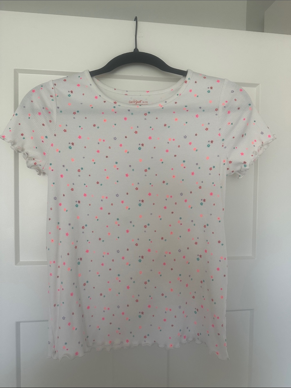 Cat & Jack White Ribbed Short Sleeve Tee with Pink and Teal Floral Dots
